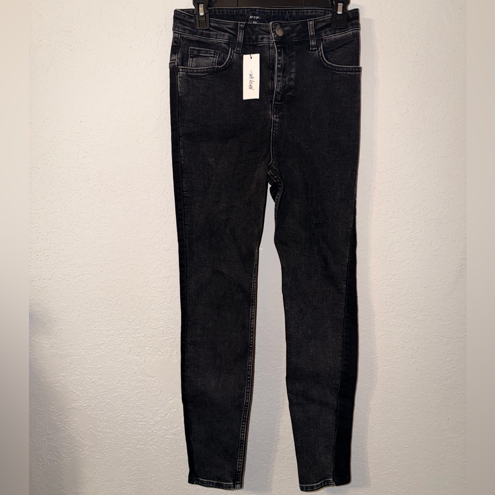 NWT Nasty Gal Black Contrast Panel High Rise Skinny Jeans Size 6 body contour-F